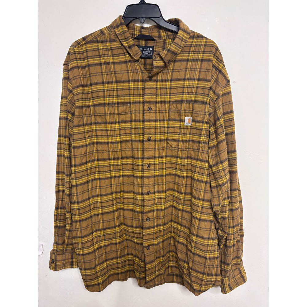 Carhartt Mens 3XL Tall Brown Yellow Plaid Relaxed Fit Flannel Shirt TW4448-M